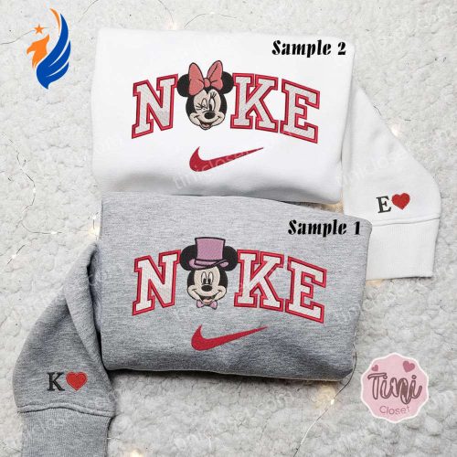 Mickey & Minnie Mouse x Nike Embroidered Couple Shirt: Disney Characters Embroidered Shirt & Nike-Inspired Hoodie