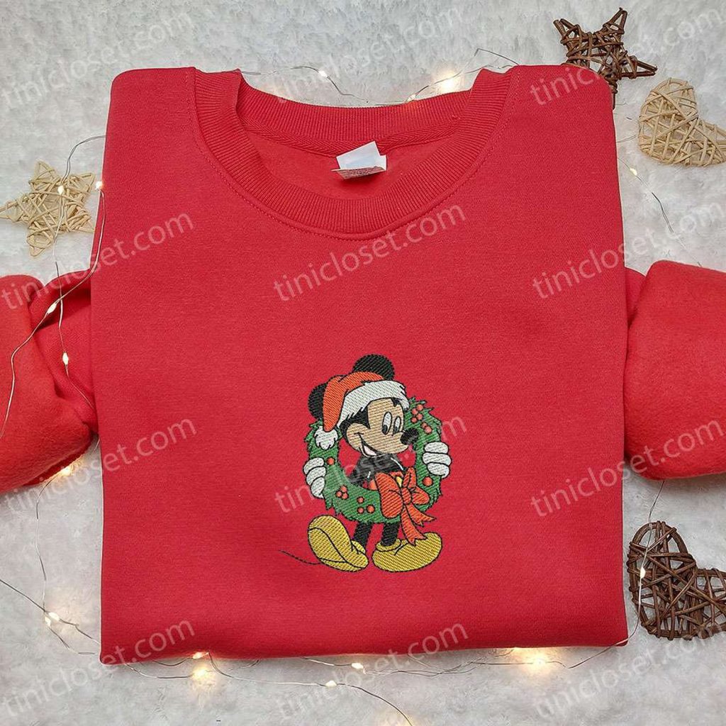 Disney Embroidered Christmas Apparel: Mickey Wreath Shirt Characters Hoodie – Perfect Family Gifts Disney Embroidered Christmas Apparel: Mickey Wreath Shirt Characters Hoodie – Perfect Family Gifts