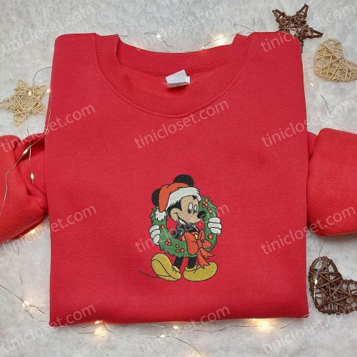 Disney Embroidered Christmas Apparel: Mickey Wreath Shirt Characters Hoodie – Perfect Family Gifts