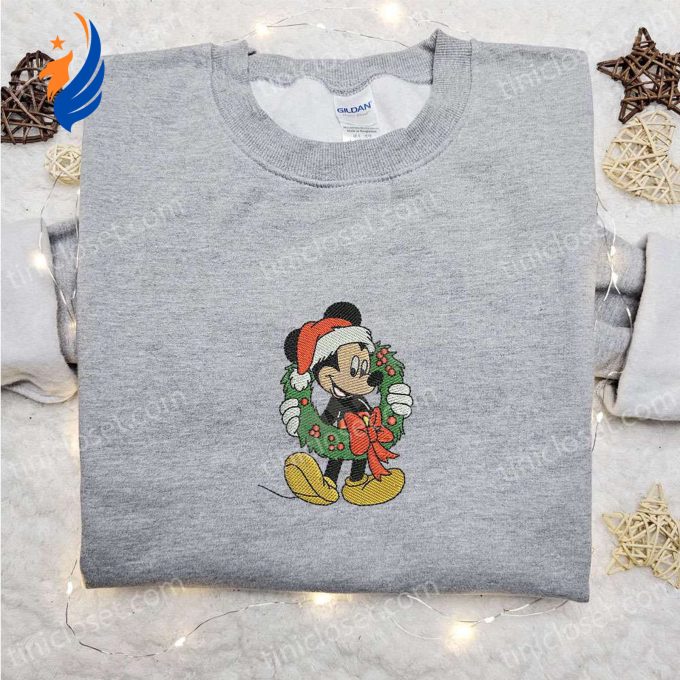 Disney Embroidered Christmas Apparel: Mickey Wreath Shirt Characters Hoodie – Perfect Family Gifts Disney Embroidered Christmas Apparel: Mickey Wreath Shirt Characters Hoodie – Perfect Family Gifts