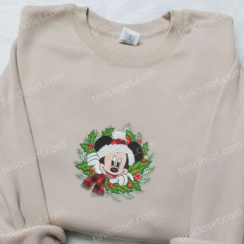 Disney Mickey Christmas Wreath Shirt & Characters Hoodie – Best Family Gifts with Mistletoe Embroidery
