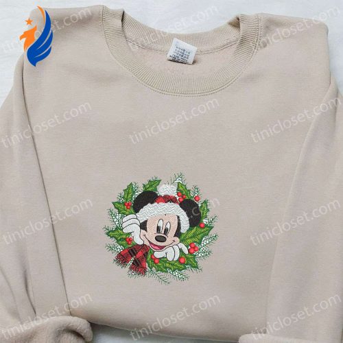 Disney Mickey Christmas Wreath Shirt & Characters Hoodie – Best Family Gifts with Mistletoe Embroidery