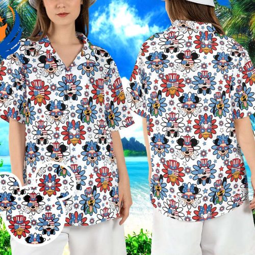 Mickey Friends 4th of July Hawaiian Shirt: Red White Blue Daisy Hawaii Aloha Shirt – Disneyland Independence Day Freedom Button Shirt