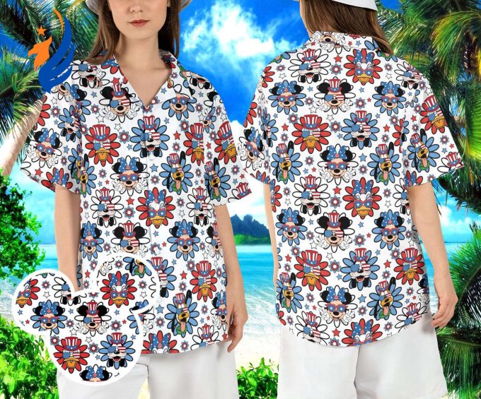Mickey Friends 4th of July Hawaiian Shirt: Red White Blue Daisy Hawaii Aloha Shirt – Disneyland Independence Day Freedom Button Shirt