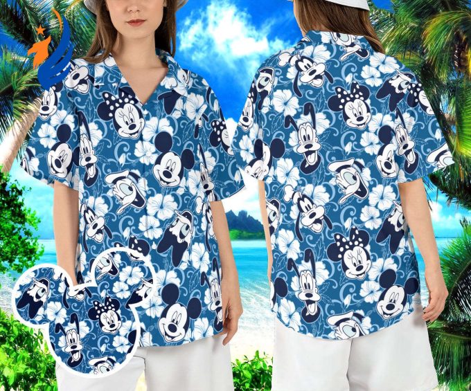 Disney Mickey & Friends Hawaiian Shirt: Cartoon Mouse Tropical Hawaiian Print Disneyland & WDW Magic Kingdom Aloha Shirt