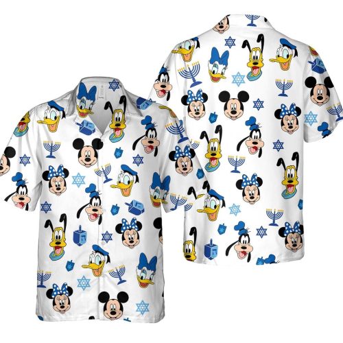 Hanukkah Hawaiian Shirt: Mickey Friends Face Dreidel Menorah Disneyland Festival Of Lights Trip Gift