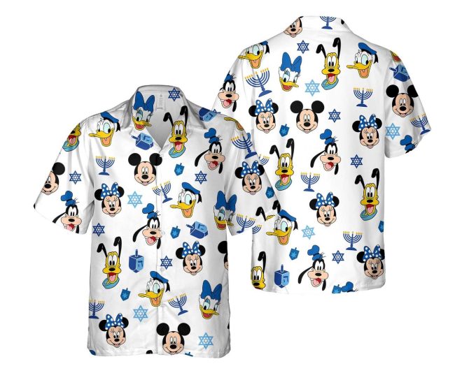 Hanukkah Hawaiian Shirt: Mickey Friends Face Dreidel Menorah Disneyland Festival Of Lights Trip Gift