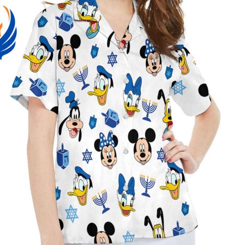 Hanukkah Hawaiian Shirt: Mickey Friends Face Dreidel Menorah Disneyland Festival Of Lights Trip Gift