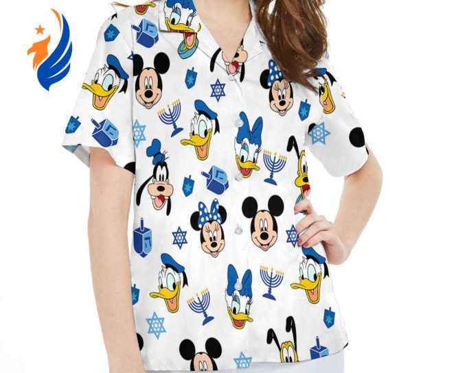 Hanukkah Hawaiian Shirt: Mickey Friends Face Dreidel Menorah Disneyland Festival Of Lights Trip Gift