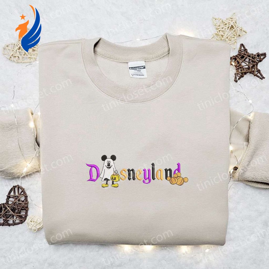 Mickey Ghost Costume Disneyland Halloween Shirt: Spooky Embroidered Apparel for Disney Fans Mickey Ghost Costume Disneyland Halloween Shirt: Spooky Embroidered Apparel for Disney Fans