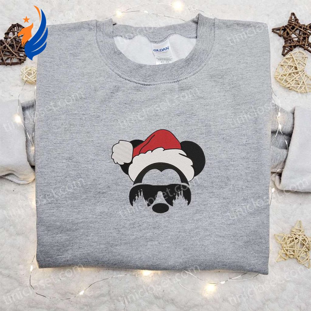 Disney Christmas Embroidered Shirt & Hoodie: Mickey Head Santa Hat Design Disney Christmas Embroidered Shirt & Hoodie: Mickey Head Santa Hat Design