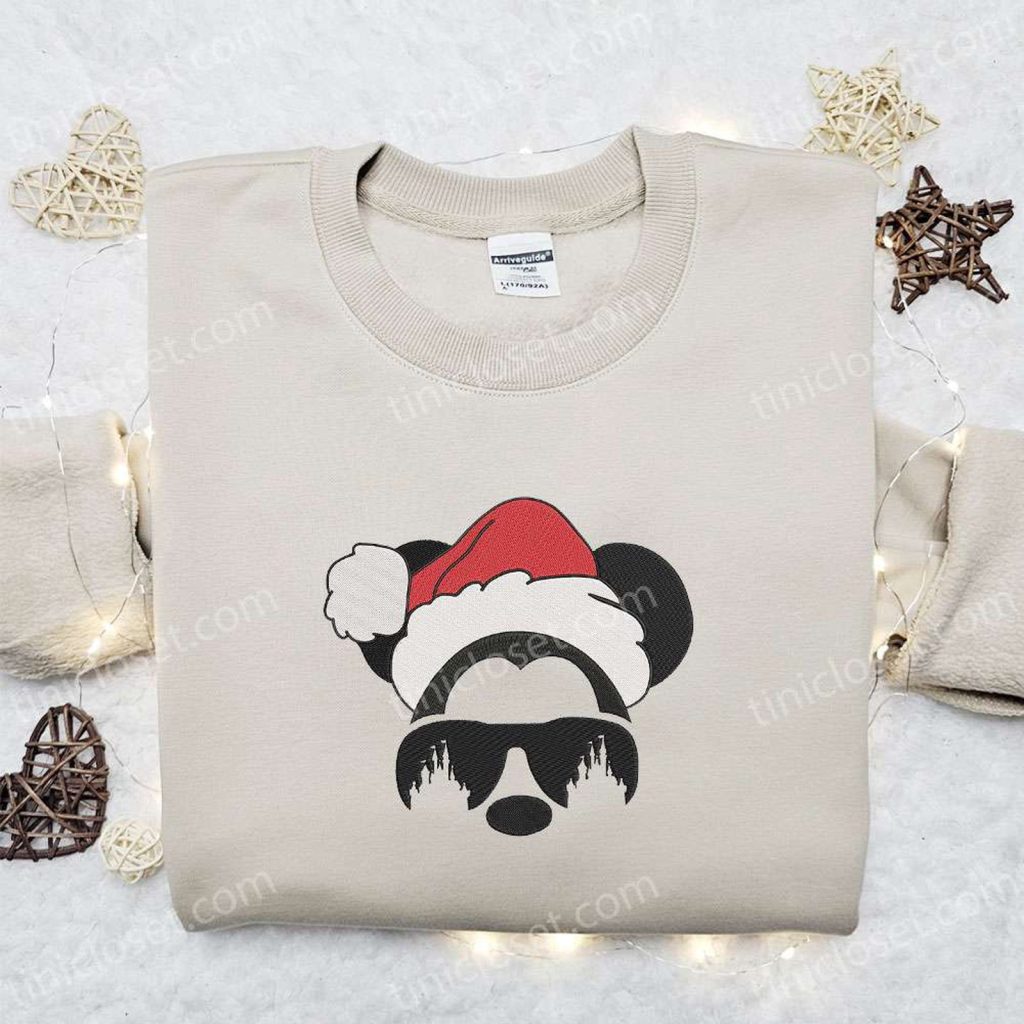 Disney Christmas Embroidered Shirt & Hoodie: Mickey Head Santa Hat Design Disney Christmas Embroidered Shirt & Hoodie: Mickey Head Santa Hat Design
