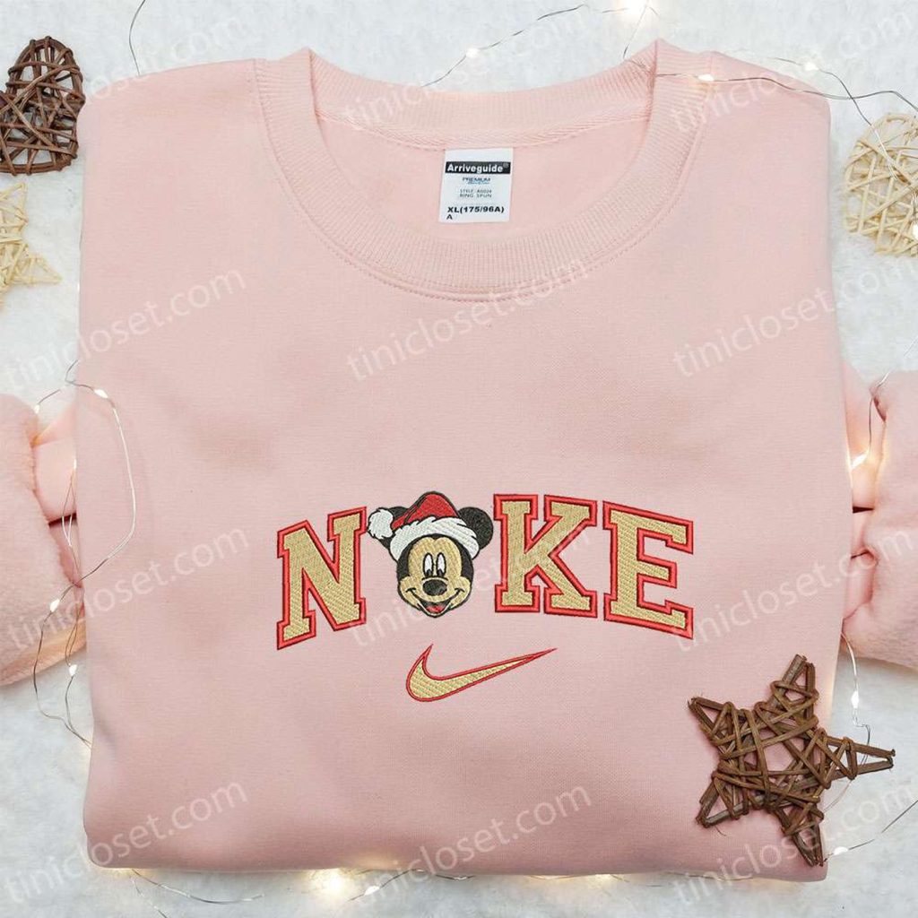 Mickey Head Santa Hat x Nike Shirt & Disney Characters Hoodie: Festive Christmas Embroidered Apparel Mickey Head Santa Hat x Nike Shirt & Disney Characters Hoodie: Festive Christmas Embroidered Apparel
