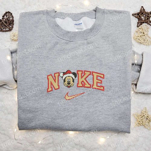 Mickey Head Santa Hat x Nike Embroidered Shirt Disney Characters Hoodie & Christmas Shirt – Festive Apparel with Disney Touch!
