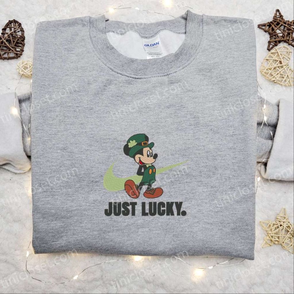Mickey Just Lucky x Nike Swoosh Embroidered Shirt and Disney Characters Hoodie: Best Saint Patrick’s Day Gift Idea Mickey Just Lucky x Nike Swoosh Embroidered Shirt and Disney Characters Hoodie: Best Saint Patrick’s Day Gift Idea