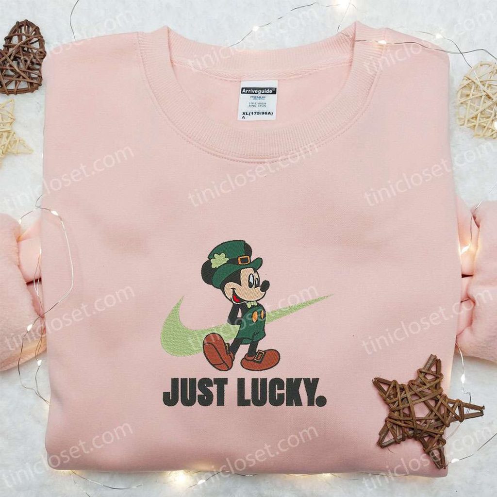 Mickey Just Lucky x Nike Swoosh Embroidered Shirt and Disney Characters Hoodie: Best Saint Patrick’s Day Gift Idea Mickey Just Lucky x Nike Swoosh Embroidered Shirt and Disney Characters Hoodie: Best Saint Patrick’s Day Gift Idea