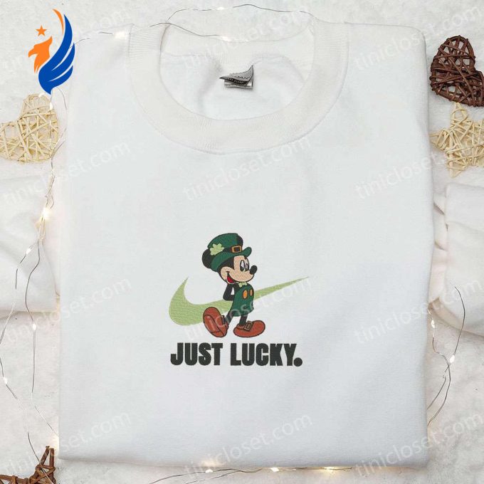Mickey Just Lucky x Nike Swoosh Embroidered Shirt and Disney Characters Hoodie: Best Saint Patrick’s Day Gift Idea Mickey Just Lucky x Nike Swoosh Embroidered Shirt and Disney Characters Hoodie: Best Saint Patrick’s Day Gift Idea