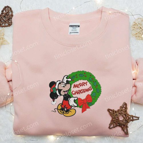 Disney Mickey Merry Christmas Laurel Wreath Shirt Hoodie & Sweatshirt: Festive Embroidered Disney Characters