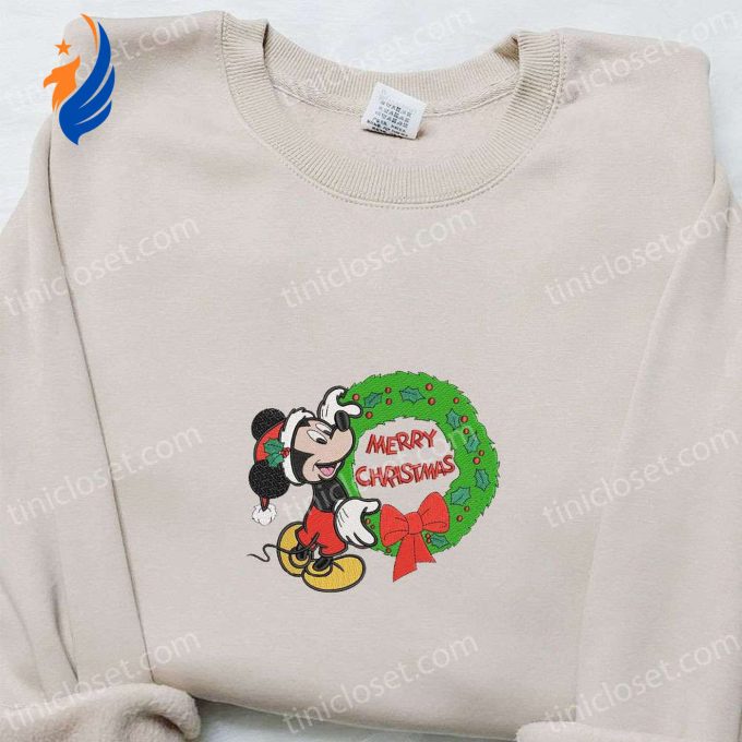 Disney Mickey Merry Christmas Laurel Wreath Shirt Hoodie & Sweatshirt: Festive Embroidered Disney Characters Disney Mickey Merry Christmas Laurel Wreath Shirt Hoodie & Sweatshirt: Festive Embroidered Disney Characters