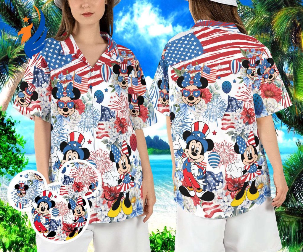 Disneyland USA Flag Hawaiian Shirt: Patriotic Mickey Minnie Aloha Beach Button Shirt for 4th of July Independence Day Disneyland USA Flag Hawaiian Shirt: Patriotic Mickey Minnie Aloha Beach Button Shirt for 4th of July Independence Day