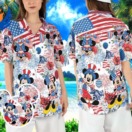 Disneyland USA Flag Hawaiian Shirt: Patriotic Mickey Minnie Aloha Beach Button Shirt for 4th of July Independence Day