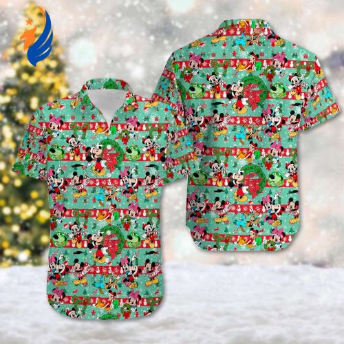 Christmas Hawaiian Shirt: Mickey & Minnie Holiday Theme Cartoon Xmas Party Button Up Magic Kingdom Tee