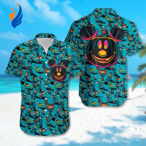 Fun & Festive: Mickey Mouse Hawaiian Shirt – Halloween Pumpkin Summer Button Up Cartoon Character Tee