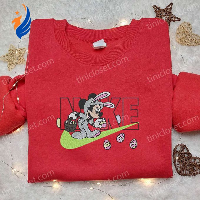 Mickey Mouse Bunny x Nike Cartoon Embroidered Shirt: Custom Easter Gift with Nike Embroidery Mickey Mouse Bunny x Nike Cartoon Embroidered Shirt: Custom Easter Gift with Nike Embroidery