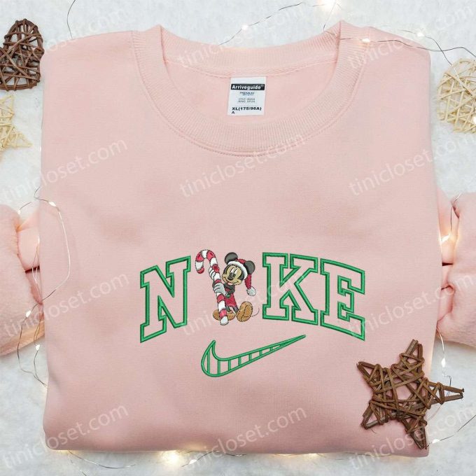 Mickey Mouse Candy Cane Xmas x Nike Embroidered Tshirt – Best Christmas Gift Idea Nike Inspired Shirt