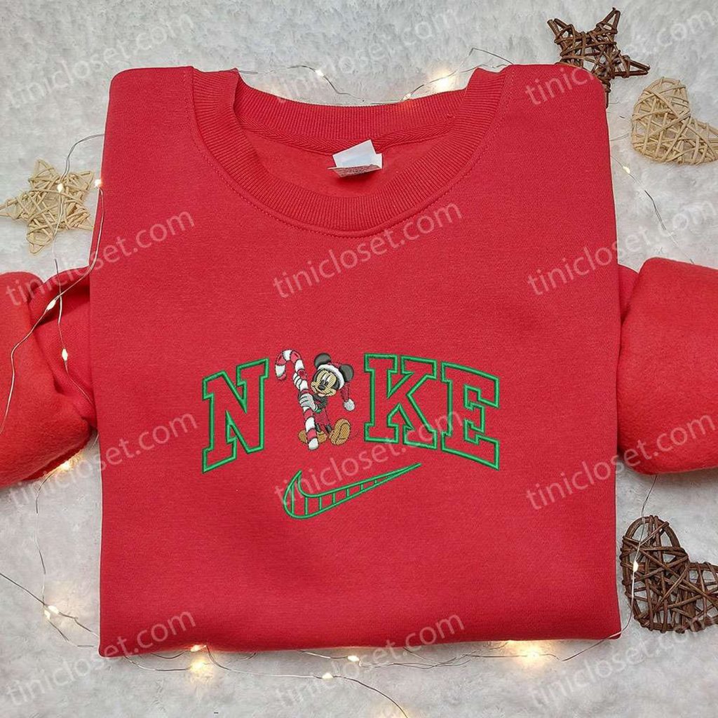 Mickey Mouse Candy Cane Xmas x Nike Embroidered Tshirt: Best Nike Inspired Christmas Gift Idea Mickey Mouse Candy Cane Xmas x Nike Embroidered Tshirt: Best Nike Inspired Christmas Gift Idea