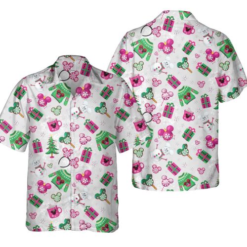 Disney Mickey Mouse Ears Christmas Tree Hawaiian Shirt – Festive Disneyland Holiday Gift Pink & Merry Party