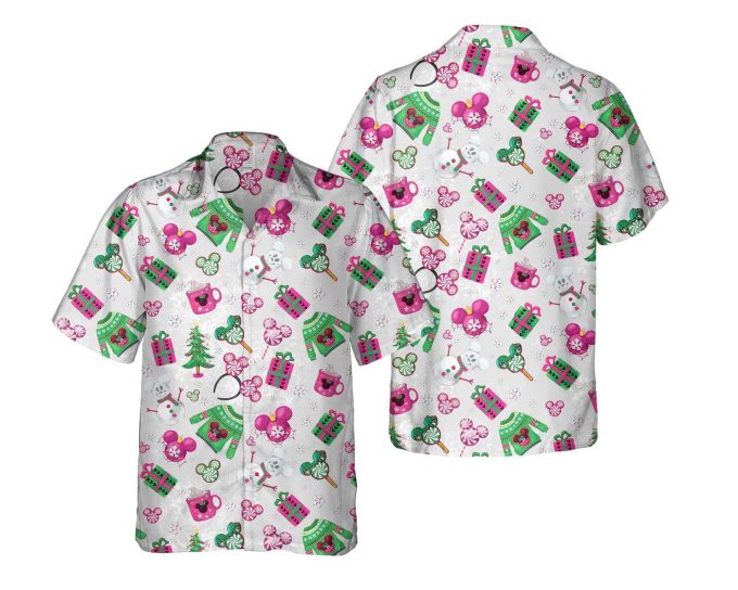 Disney Mickey Mouse Ears Christmas Tree Hawaiian Shirt – Festive Disneyland Holiday Gift Pink & Merry Party