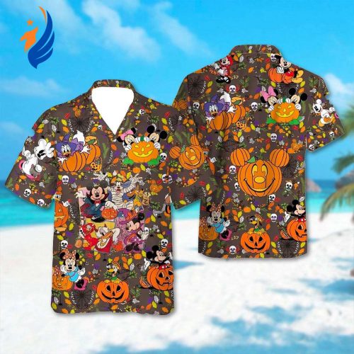 Mickey Mouse & Minnie Mouse Halloween Hawaiian Cosplay Shirts – Perfect Party Beach Wear with Pumpkin Hawaii Vibes!