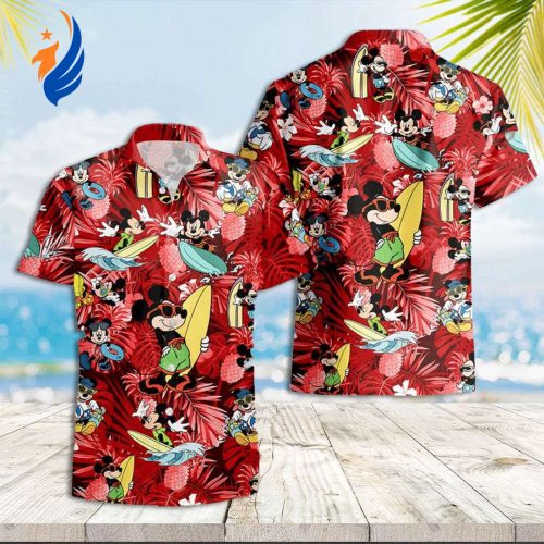 Surf in Style with Mickey: Hawaiian Shirt for Men featuring Mickey Mouse Surfing – 100% Cotton