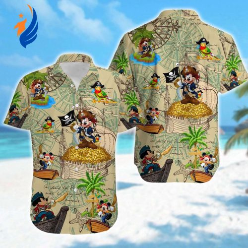 Disney Mickey Mouse Hawaiian Shirt - Summer Vacation Aloha Button Up with Pirates of the Caribbean All Over Print