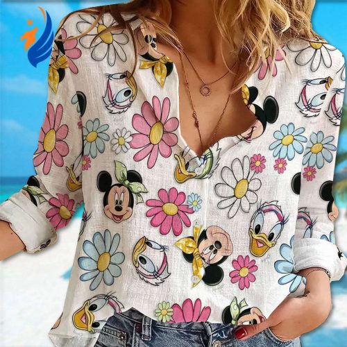 Cute Mickey Mouse Linen Shirt for Women – Cartoon Button Down Casual Magic Kingdom T-Shirt