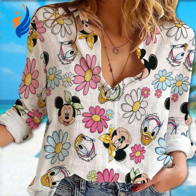 Cute Mickey Mouse Linen Shirt for Women – Cartoon Button Down Casual Magic Kingdom T-Shirt