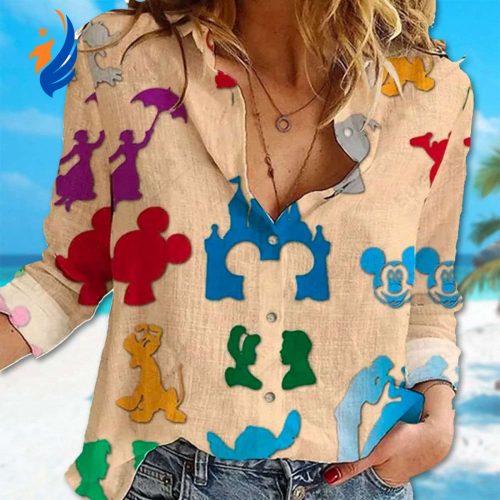 Mickey Mouse Linen Shirt: Castle Button Down for Women Cartoon Gift Magic Kingdom Trip Tee