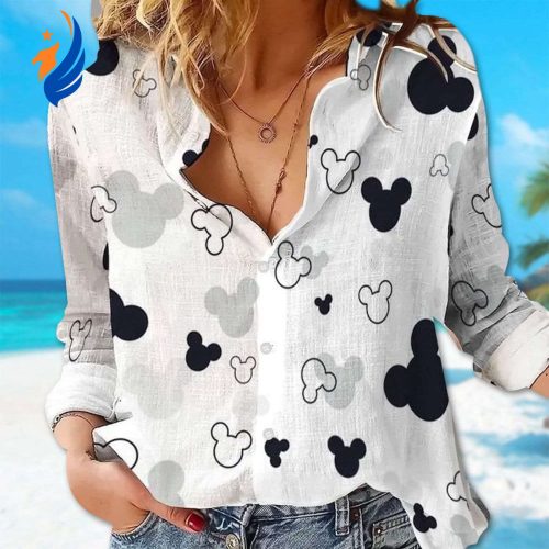 Mickey Mouse Linen Shirt: Casual Button Down for Women Cartoon Blouse Magic Kingdom Gift for Summer Trip
