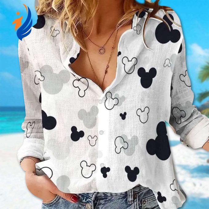 Mickey Mouse Linen Shirt: Casual Button Down for Women Cartoon Blouse Magic Kingdom Gift for Summer Trip