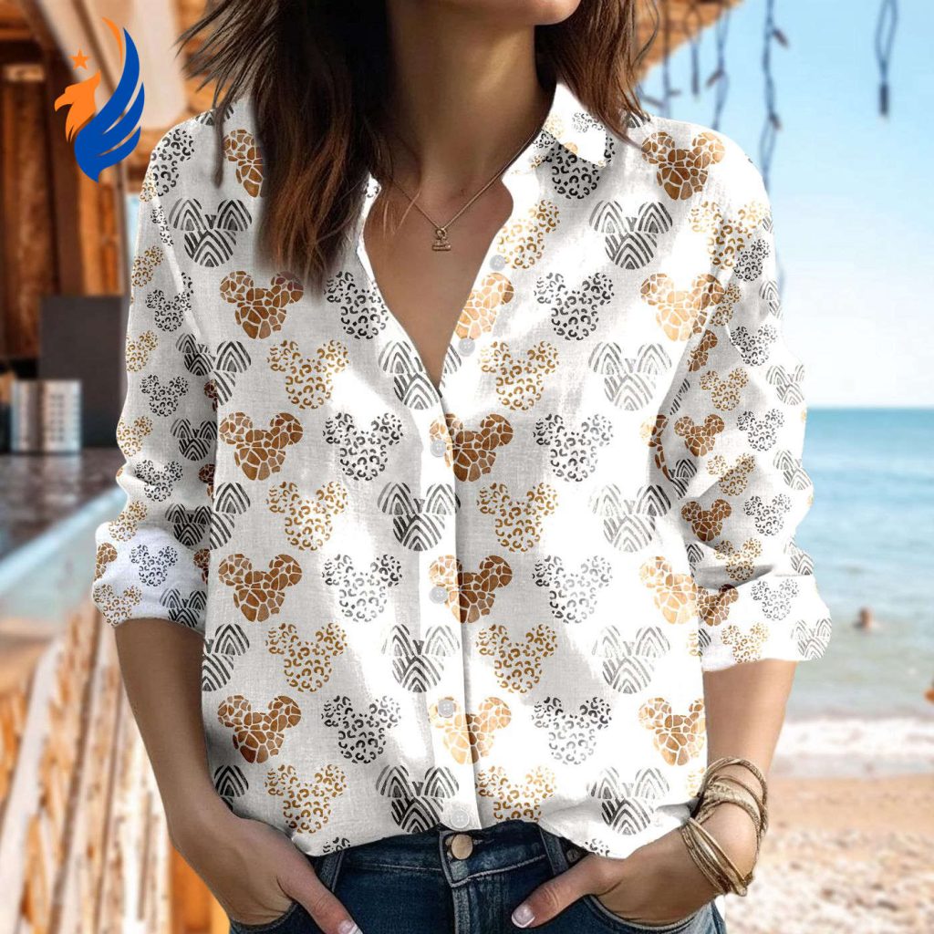 Mickey Mouse Linen Shirt: Casual Cartoon Women Blouse Magic Kingdom Button Down Perfect Summer Trip Gift Mickey Mouse Linen Shirt: Casual Cartoon Women Blouse Magic Kingdom Button Down Perfect Summer Trip Gift