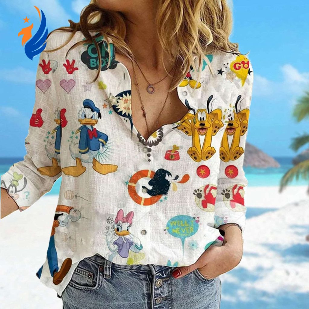 Mickey Mouse Linen Shirt Minnie Daisy Donald Duck Casual Button Down Shirt: Pluto Cartoon Women Blouses Magic Kingdom Trip Shirt Mickey Mouse Linen Shirt Minnie Daisy Donald Duck Casual Button Down Shirt: Pluto Cartoon Women Blouses Magic Kingdom Trip Shirt