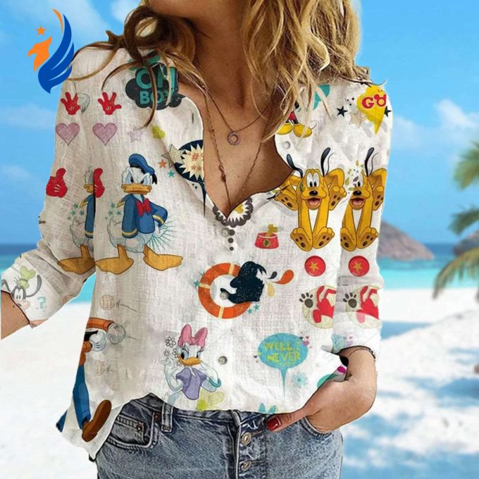 Mickey Mouse Linen Shirt Minnie Daisy Donald Duck Casual Button Down Shirt: Pluto Cartoon Women Blouses Magic Kingdom Trip Shirt