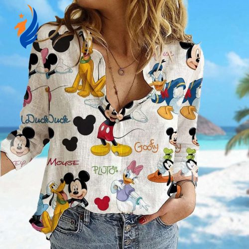 Disney Mickey Mouse Linen Shirt: Minnie Donald Daisy Duck Casual Button Down Pluto Cartoon Women Blouses Magic Kingdom