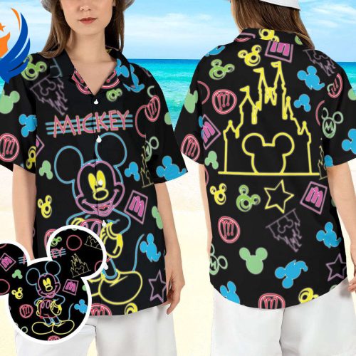 Disneyland Mickey Mouse Neon Hawaiian Shirt – Magical Castle Beach Aloha Shirt for Summer Fun!