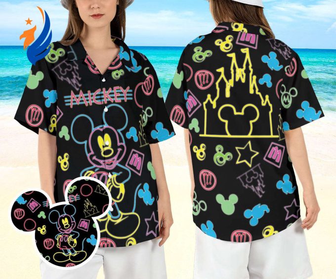 Disneyland Mickey Mouse Neon Hawaiian Shirt – Magical Castle Beach Aloha Shirt for Summer Fun!