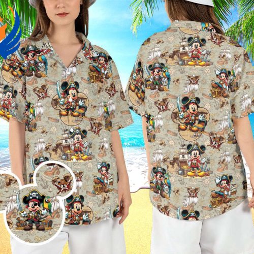 Disneyland Pirate Hawaiian Shirt: Mickey Mouse Treasure Map & Captain Mickey Button Up Aloha Shirt