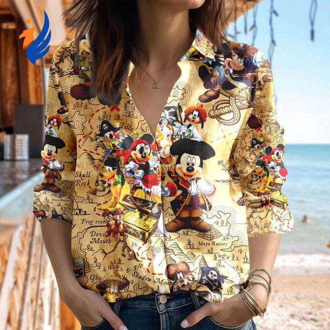 Mickey Mouse Pirates Linen Shirt: Casual Button Down Tee for Cartoon Women Perfect Magic Kingdom Shirt & Pirates Summer Trip Gift