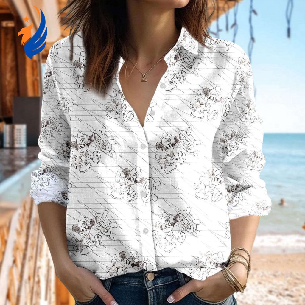 Mickey Mouse Sailor Linen Shirt – Casual Button Down for Women – Cartoon Blouses for Magic Kingdom Family Trip Mickey Mouse Sailor Linen Shirt – Casual Button Down for Women – Cartoon Blouses for Magic Kingdom Family Trip