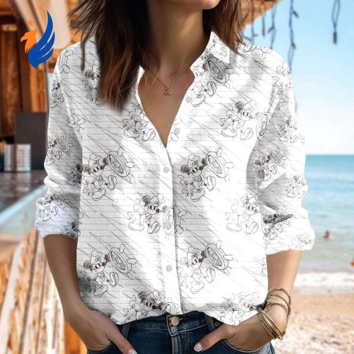 Mickey Mouse Sailor Linen Shirt – Casual Button Down for Women – Cartoon Blouses for Magic Kingdom Family Trip